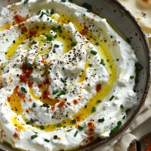 Creamy feta ricotta dip with spicy honey drizzle served in a bowl