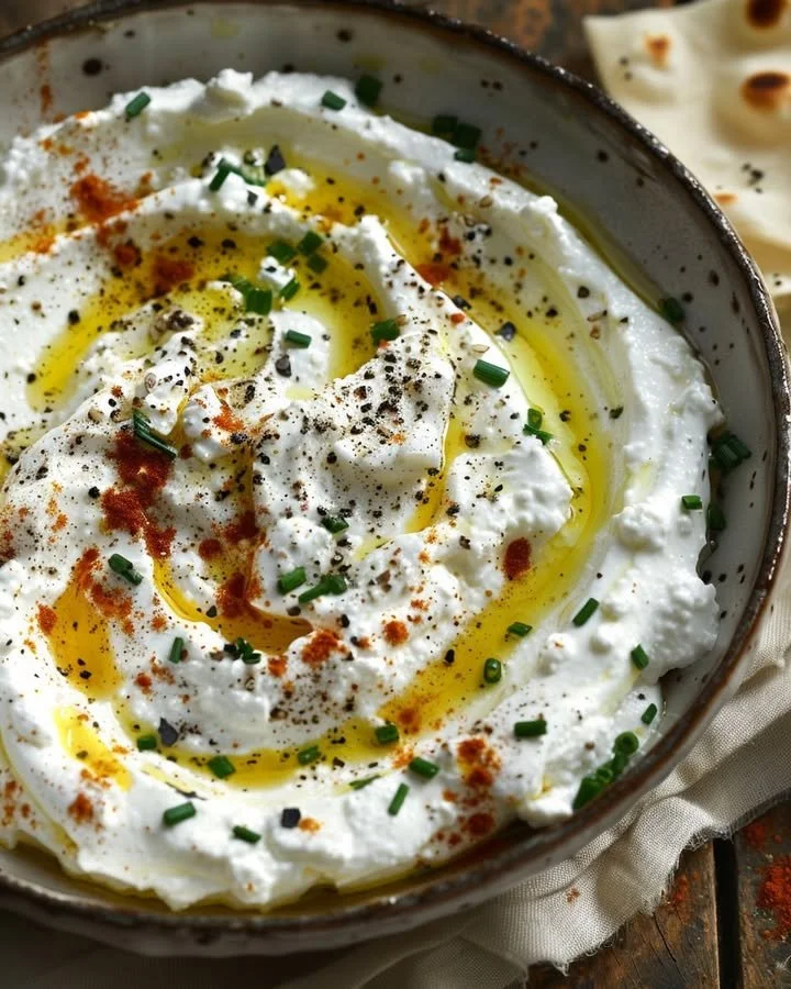 Creamy feta ricotta dip with spicy honey drizzle served in a bowl