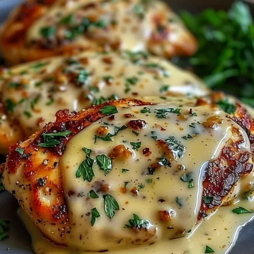 Creamy garlic chicken parmesan dish with melted cheese and herbs