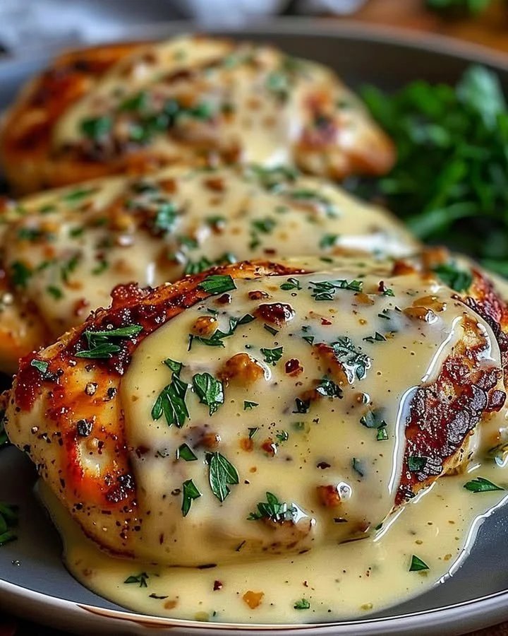 Creamy garlic chicken parmesan dish with melted cheese and herbs