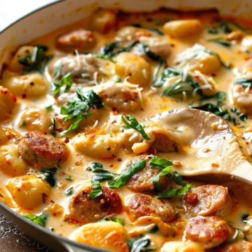 Creamy Italian sausage and spinach gnocchi in a bowl.
