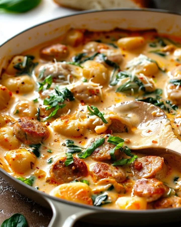Creamy Italian sausage and spinach gnocchi in a bowl.
