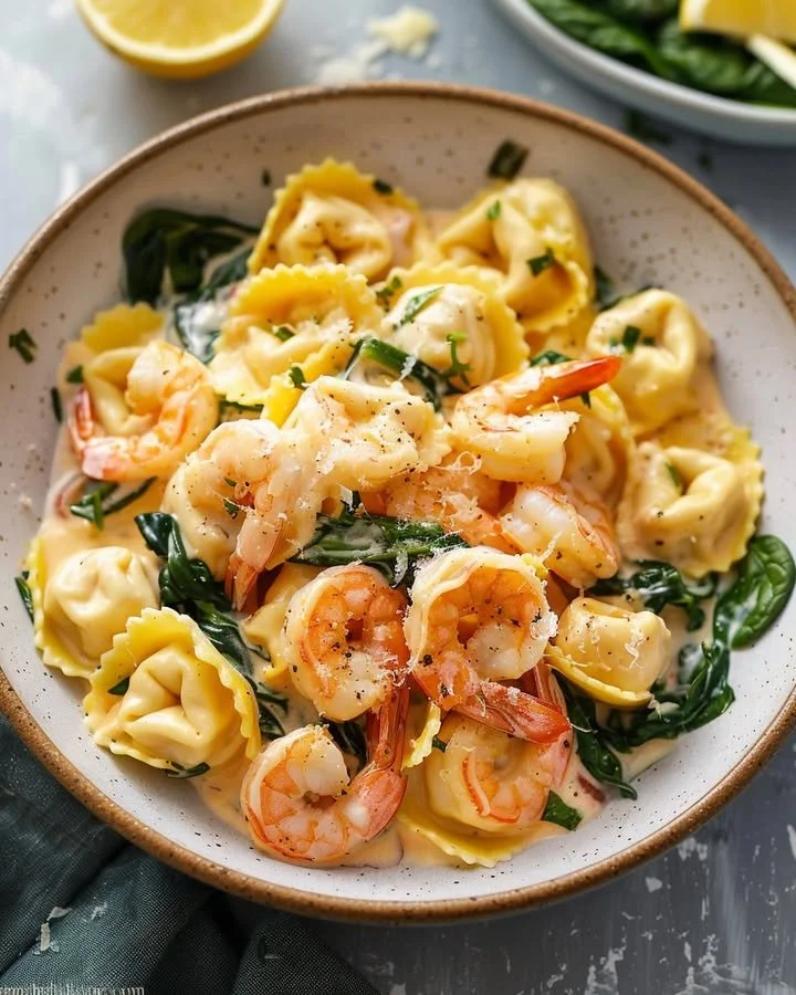 Creamy lemon shrimp tortellini dish garnished with herbs