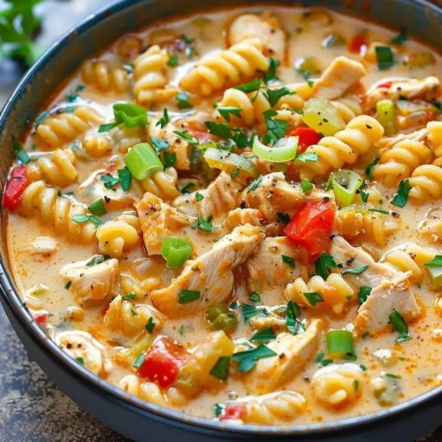 Creamy Parmesan Cajun Chicken Pasta Soup served in a bowl