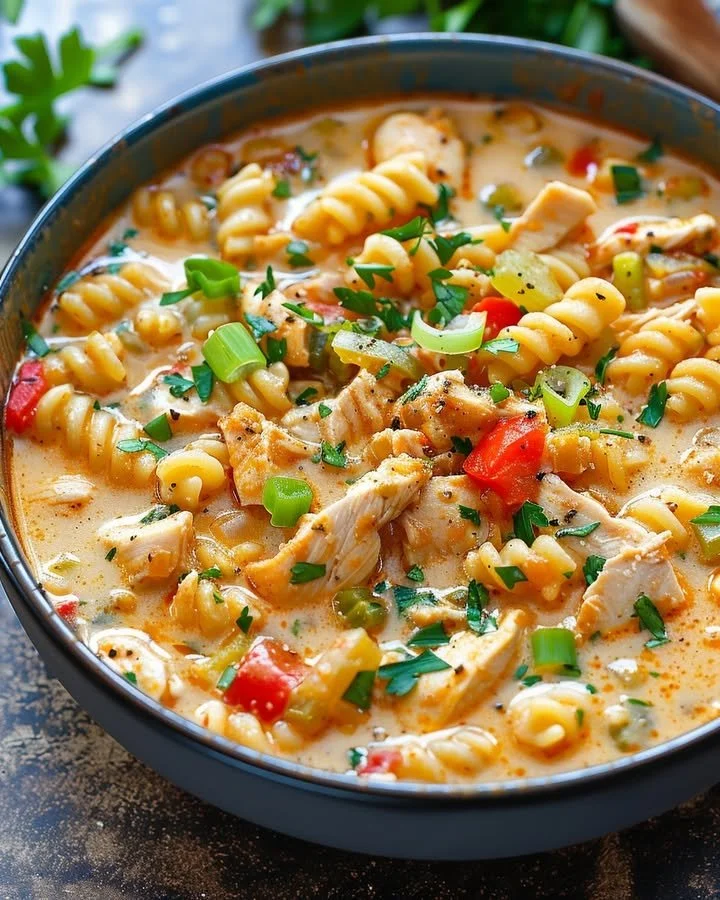 Creamy Parmesan Cajun Chicken Pasta Soup served in a bowl