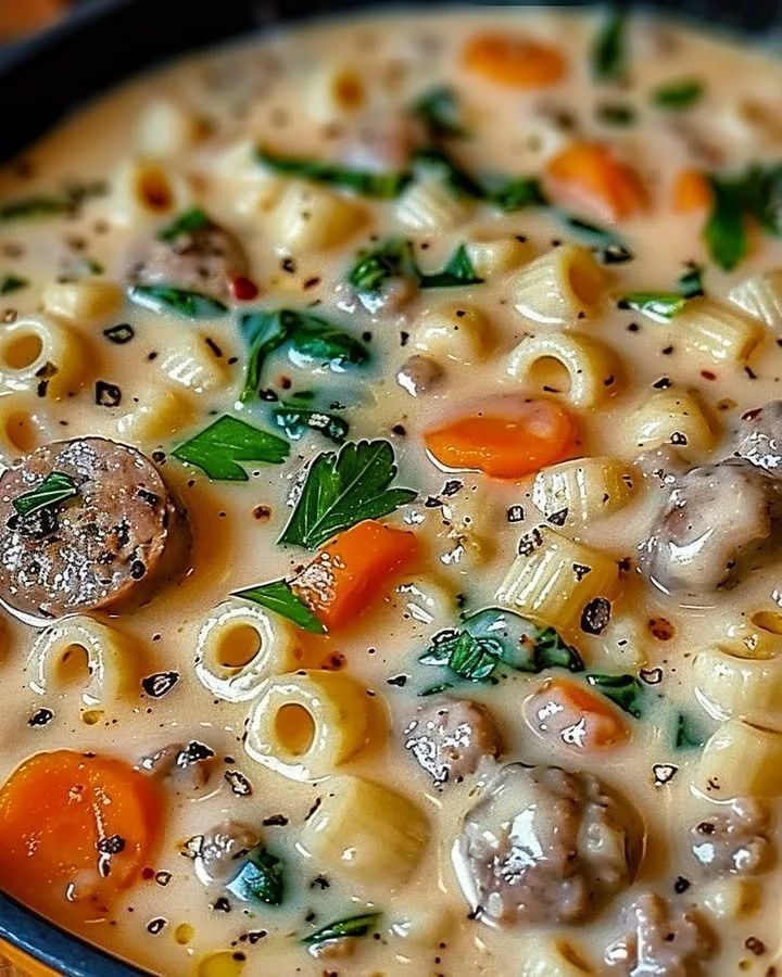 Creamy Parmesan Italian Sausage Ditalini Soup in a bowl garnished with herbs