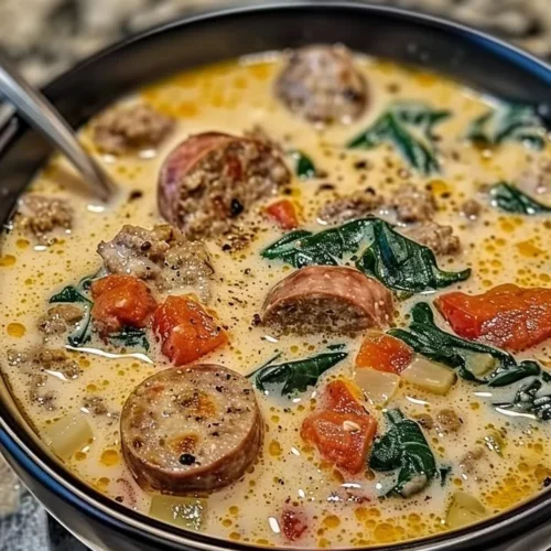 Bowl of creamy Parmesan Italian sausage soup with fresh herbs and ingredients