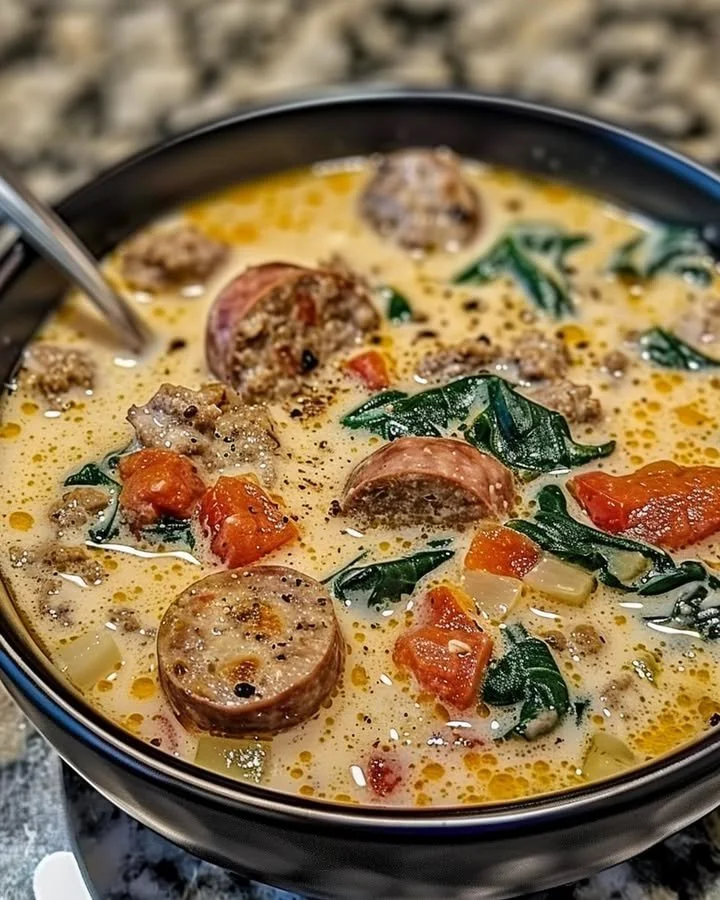 Bowl of creamy Parmesan Italian sausage soup with fresh herbs and ingredients
