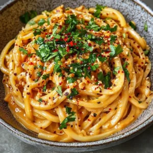 Creamy peanut udon noodles garnished with chopped peanuts and green onions
