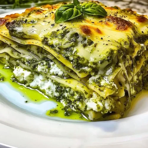 Creamy pesto and ricotta lasagna layered with fresh ingredients and herbs