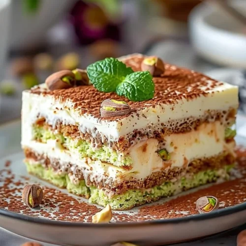 Creamy pistachio tiramisu dessert with a nutty twist served in a glass.