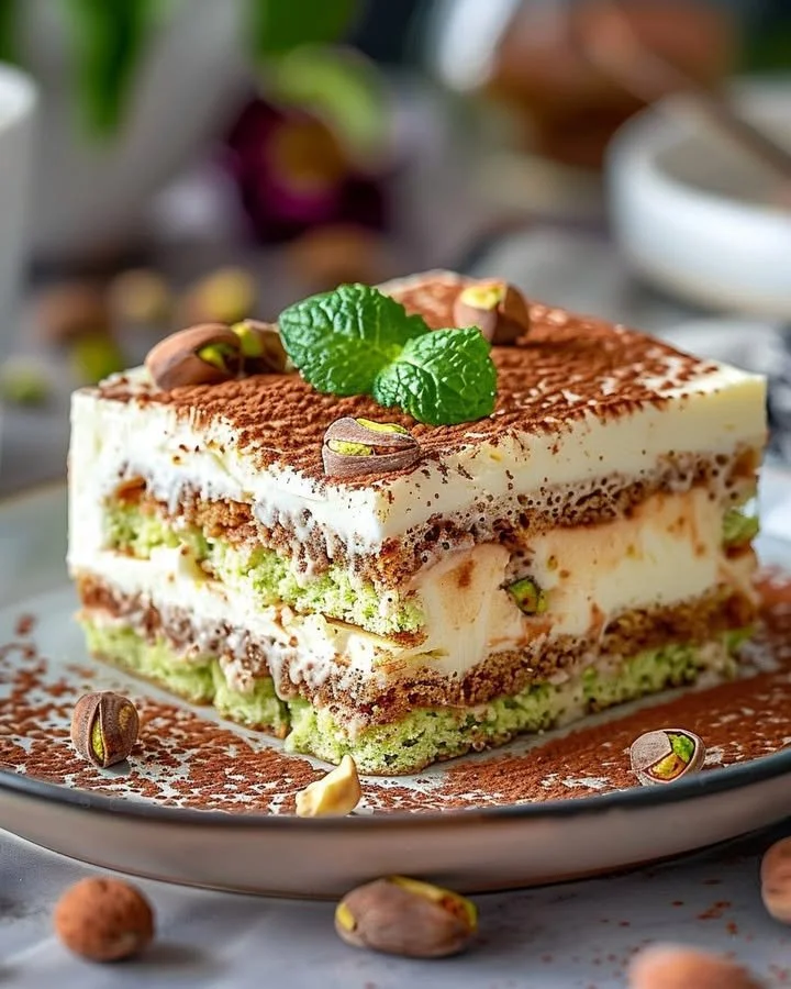 Creamy pistachio tiramisu dessert with a nutty twist served in a glass.