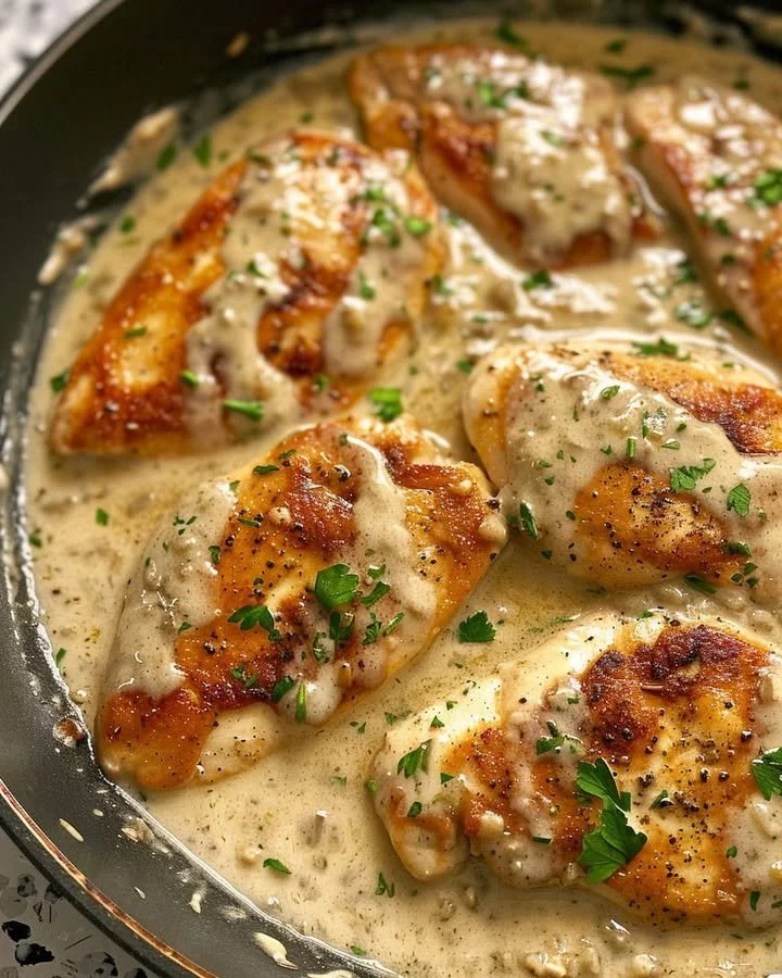 Creamy ranch chicken served with a side of vegetables in a white bowl