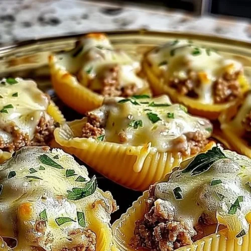 Creamy ricotta beef stuffed shells pasta with marinara sauce and cheese