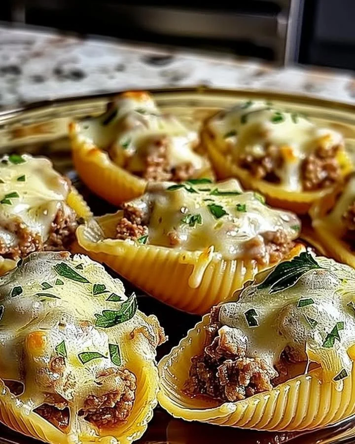 Creamy ricotta beef stuffed shells pasta with marinara sauce and cheese