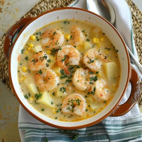 Bowl of creamy shrimp and potato chowder topped with herbs