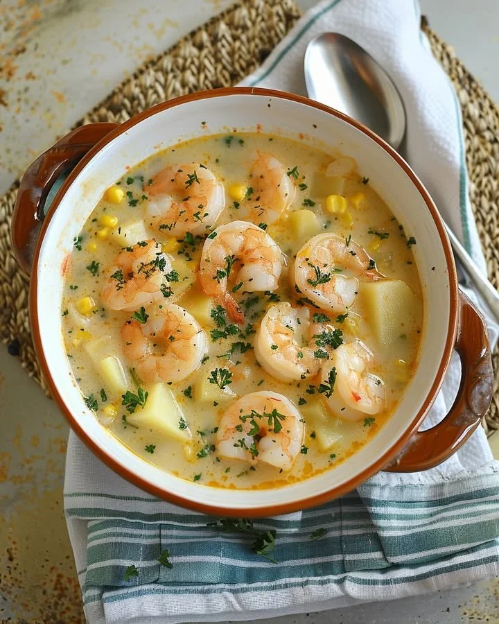 Bowl of creamy shrimp and potato chowder topped with herbs