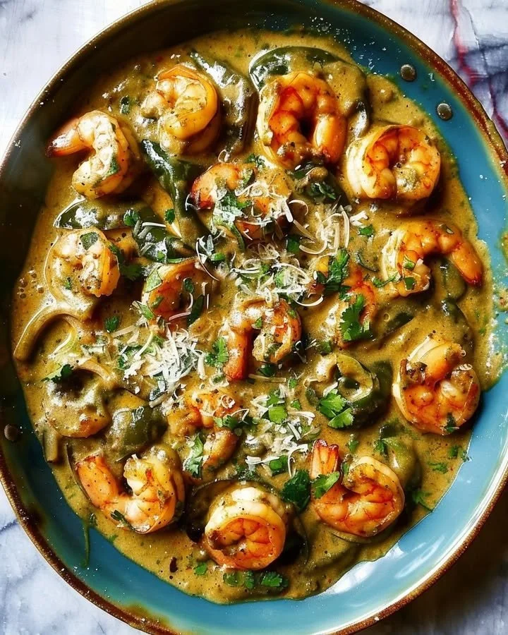 Creamy shrimp poblano dish with vibrant colors and rich flavors