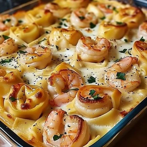 Creamy Shrimp Tortellini Alfredo Casserole in a baking dish
