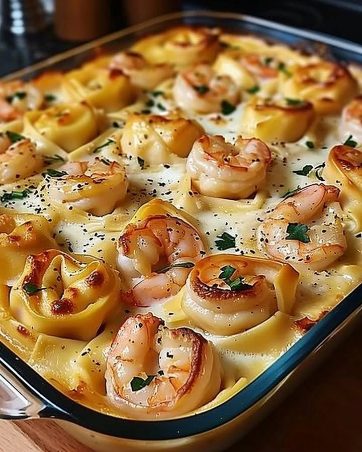 Creamy Shrimp Tortellini Alfredo Casserole in a baking dish