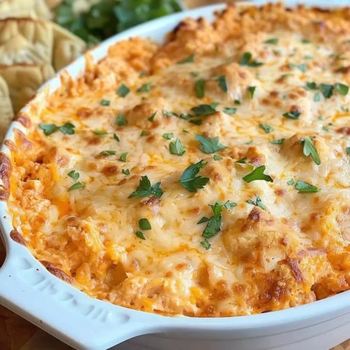 Creamy spicy Buffalo Chicken Dip served in a bowl with tortilla chips