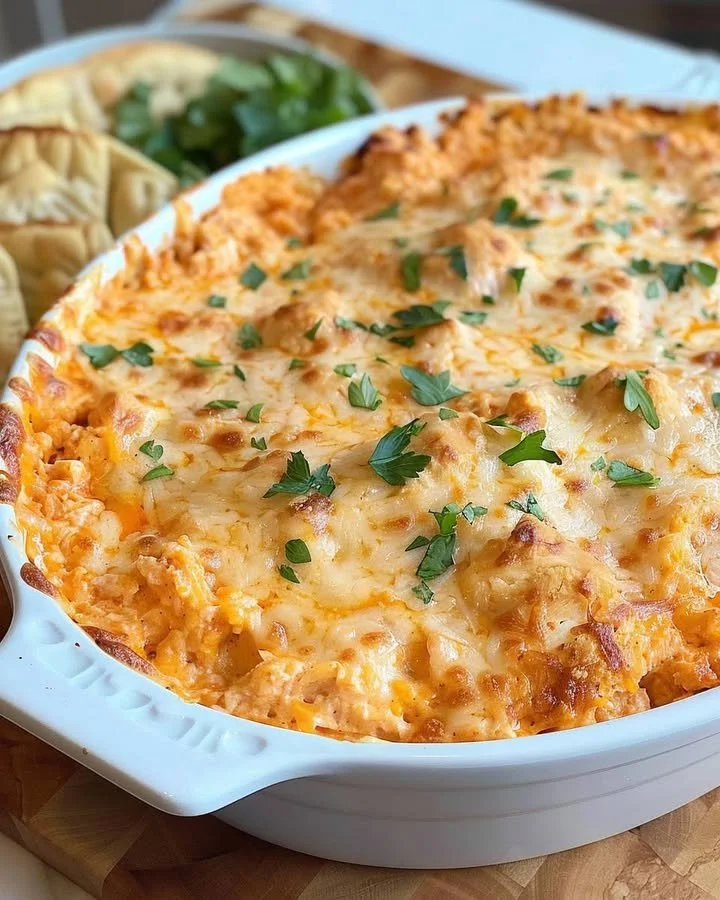 Creamy spicy Buffalo Chicken Dip served in a bowl with tortilla chips