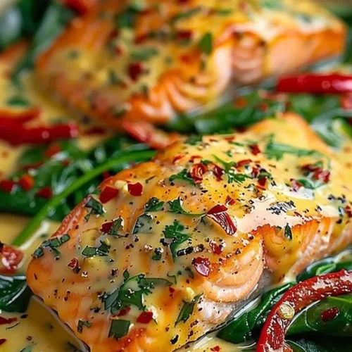 Creamy spinach and roasted red pepper salmon served on a plate.