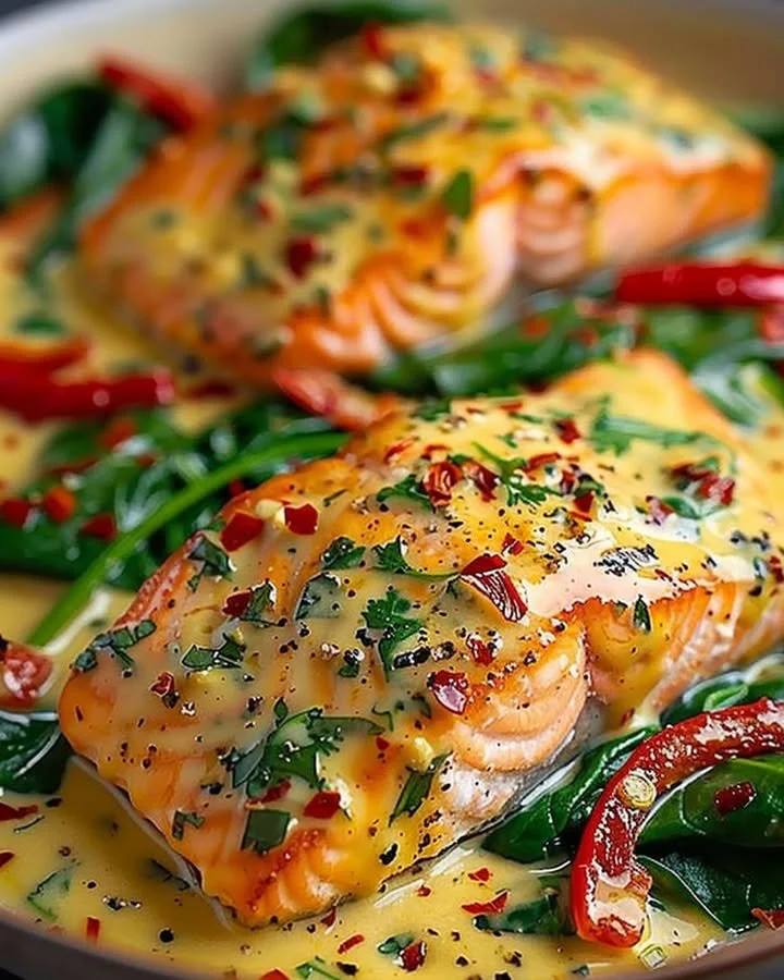 Creamy spinach and roasted red pepper salmon served on a plate.