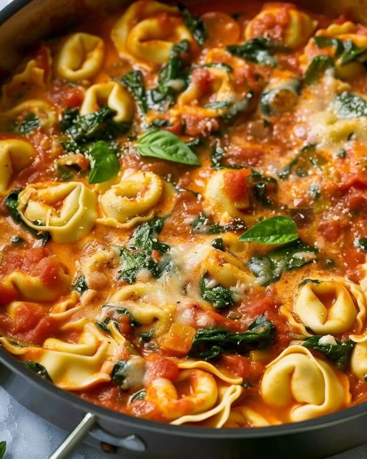 Creamy tomato basil tortellini skillet served in a pan with fresh herbs
