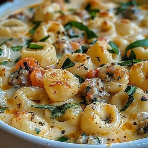 Creamy Tortellini Alfredo Casserole with cheese and pasta