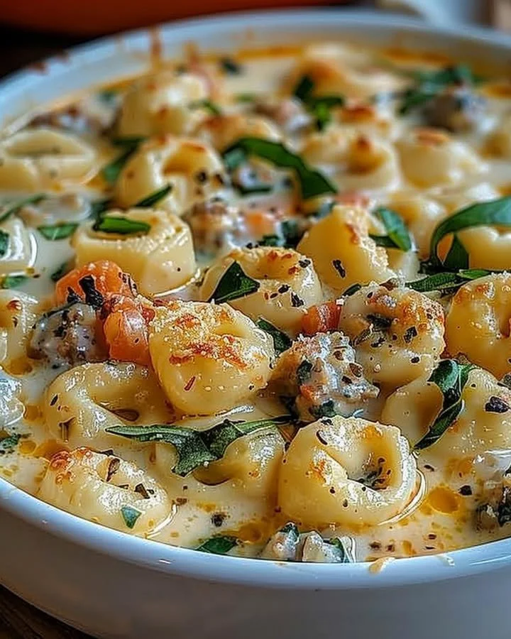 Creamy Tortellini Alfredo Casserole with cheese and pasta