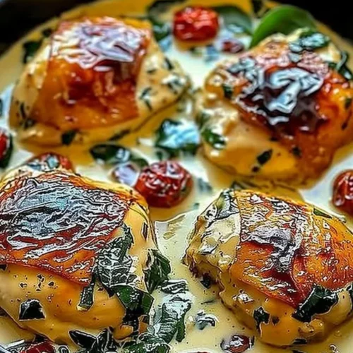 One pan creamy Tuscan chicken thighs garnished with fresh spinach and sun-dried tomatoes
