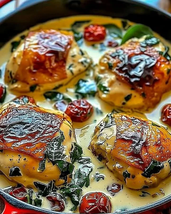 One pan creamy Tuscan chicken thighs garnished with fresh spinach and sun-dried tomatoes