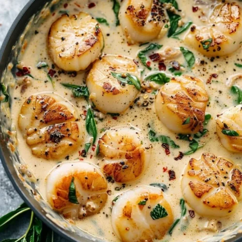 Creamy Tuscan garlic scallops served in a white wine sauce with herbs.