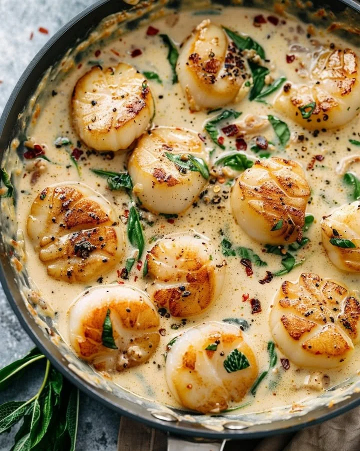 Creamy Tuscan garlic scallops served in a white wine sauce with herbs.