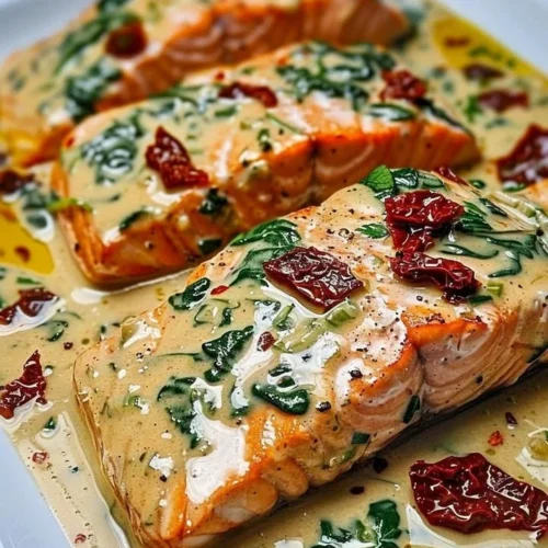 Creamy Tuscan salmon dish garnished with fresh herbs and served on a plate.