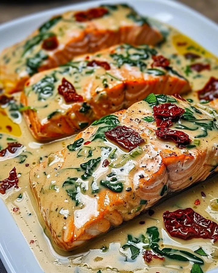 Creamy Tuscan salmon dish garnished with fresh herbs and served on a plate.