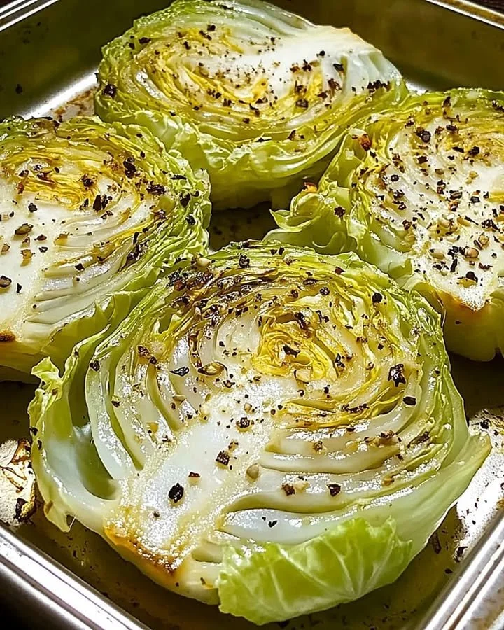 Crispy baked cabbage steaks served on a plate with seasonings.
