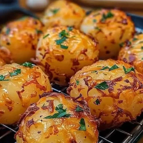 Crispy, cheesy garlic butter potato bombs garnished with herbs