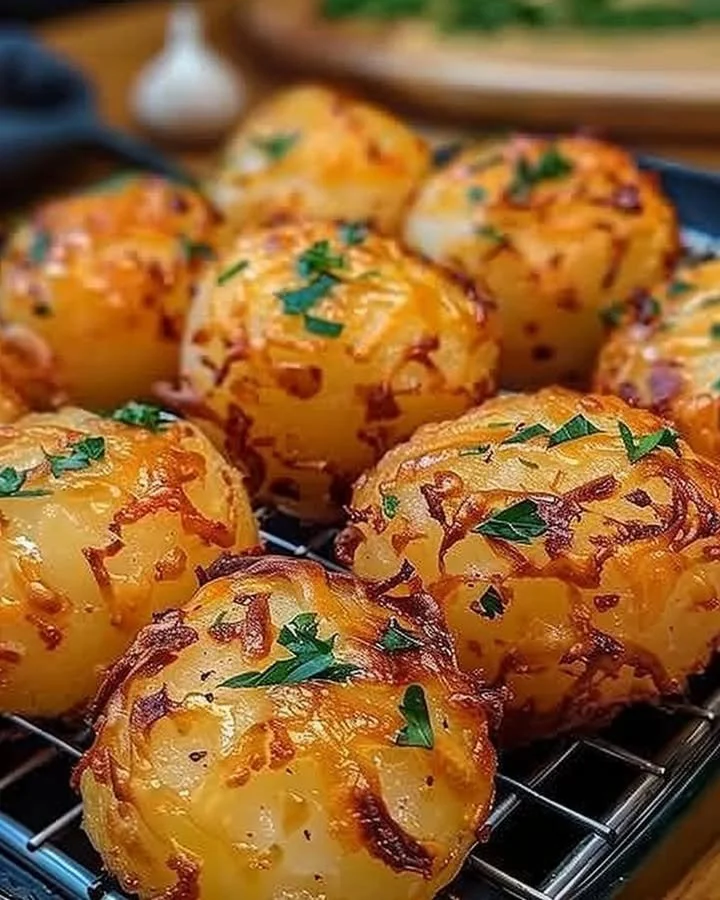 Crispy, cheesy garlic butter potato bombs garnished with herbs