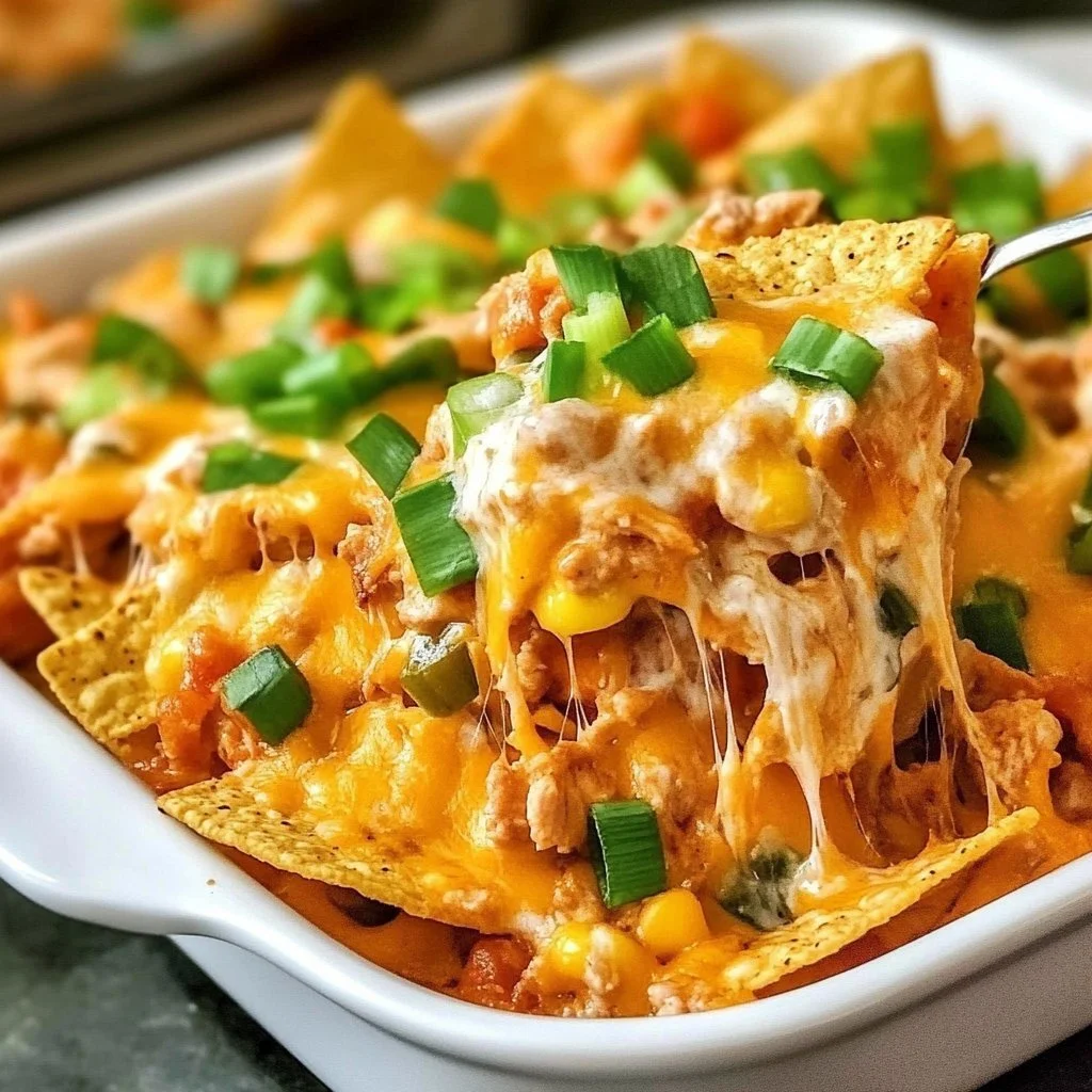 Crispy Chicken Nacho Bake topped with cheese, jalapeños, and fresh ingredients