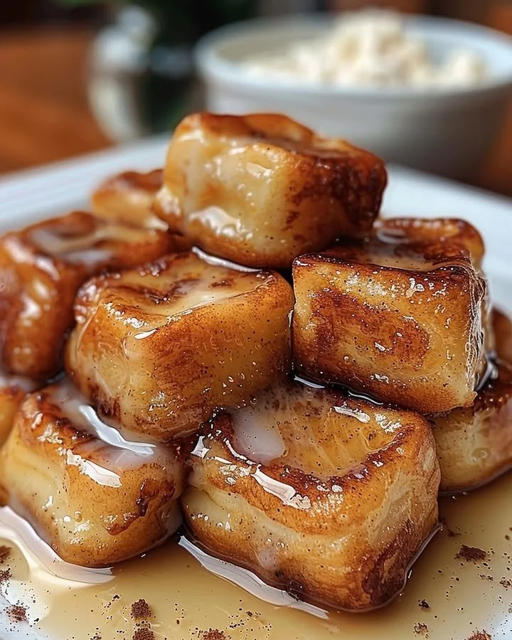 Crispy cinnamon roll French toast bites topped with a sweet maple glaze