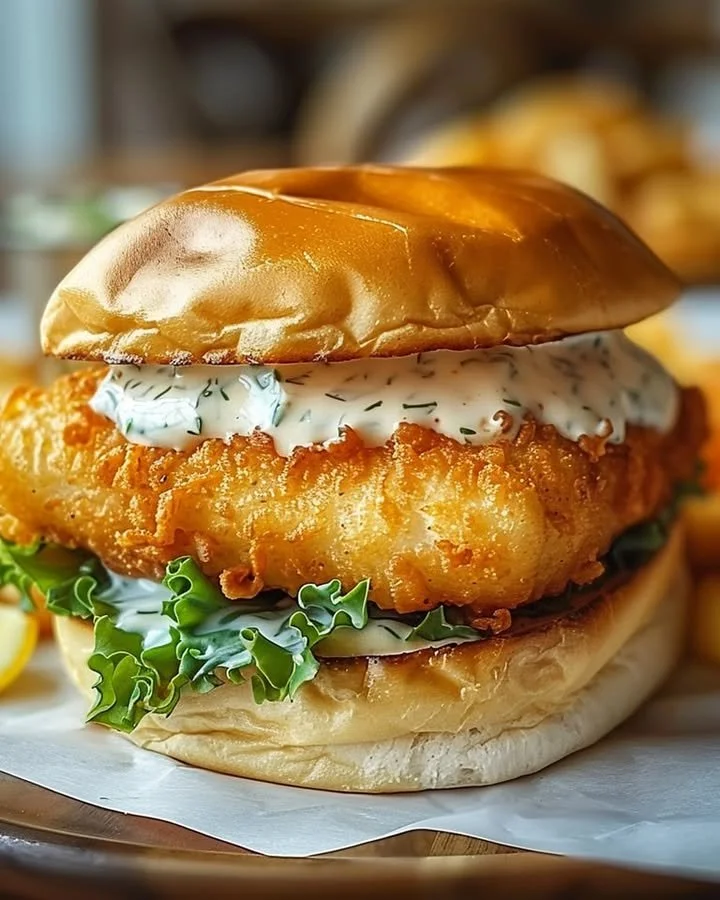 Crispy Fried Cod Sandwich with fresh toppings and a golden batter
