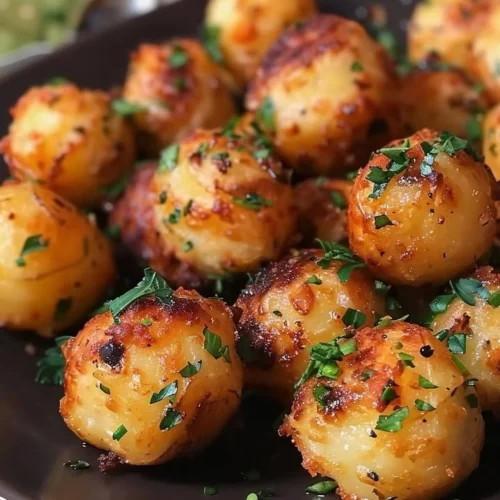 Plate of crispy garlic potato pops served with dipping sauce