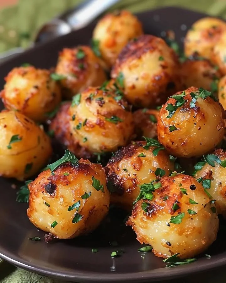 Plate of crispy garlic potato pops served with dipping sauce