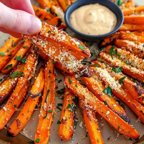 Crispy Parmesan-gilded carrot fries on a plate, served as a healthy snack