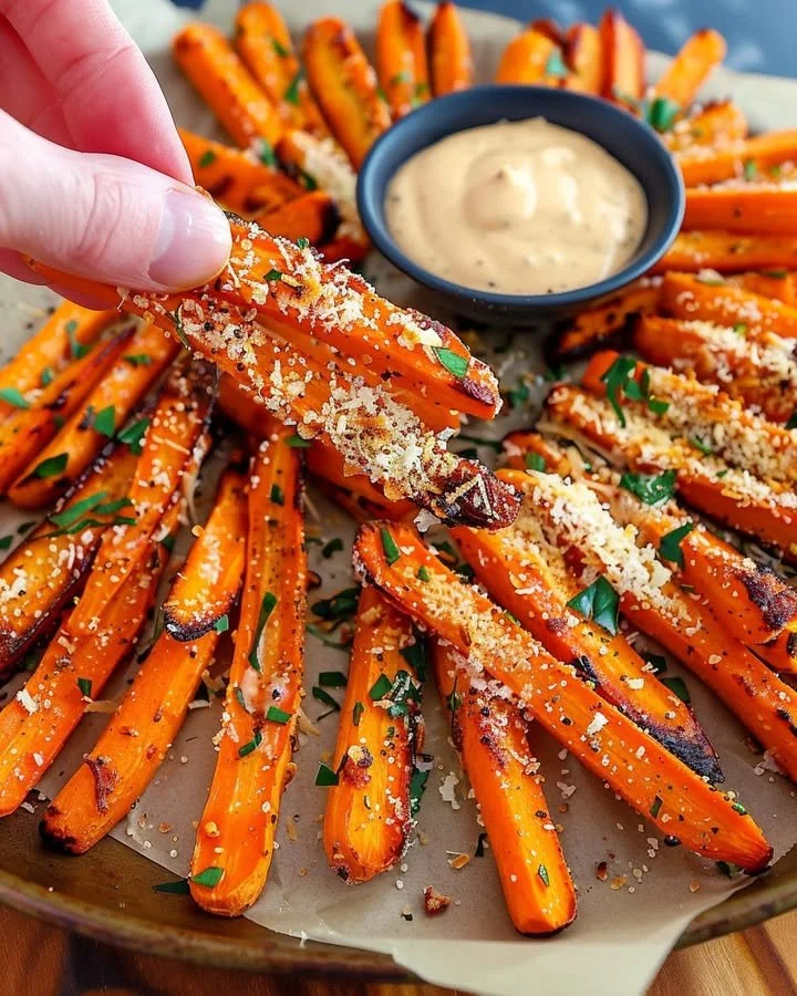 Crispy Parmesan-gilded carrot fries on a plate, served as a healthy snack