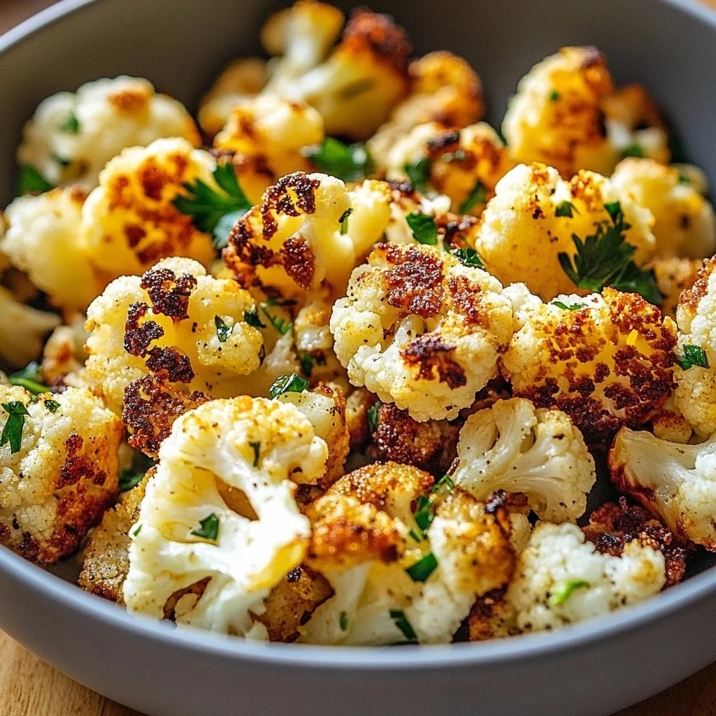 Bowl of crispy roasted cauliflower ready to be served as a healthy side dish