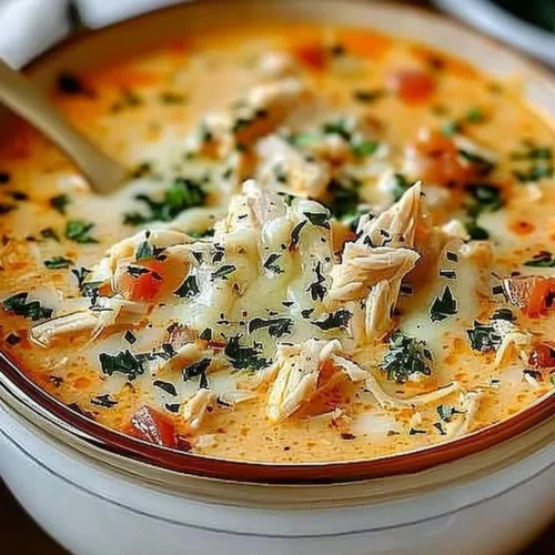 Crock pot creamy chicken parmesan soup garnished with parsley in a bowl.