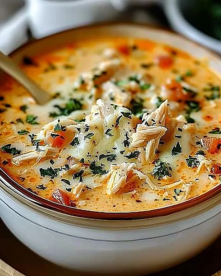 Crock pot creamy chicken parmesan soup garnished with parsley in a bowl.